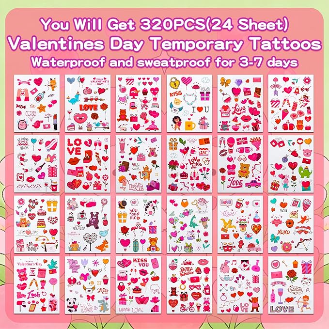 Valentines Day Gifts for Kids, 120Pcs Water Coloring Books & 320Pcs Temporary Tattoos Bulk with Valentines Day Cards for Kids Classroom School Preschool Party Favors Valentine Toddlers Crafts Prizes