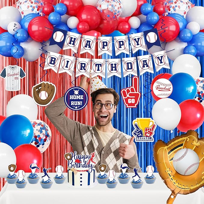 Baseball Party Decorations, Baseball Birthday Party Supplies Kit, Include Sport Themed Birthday banner, Foil Fringe,Hanging Swirls, Baseball Balloons, Cake&Cupcake Toppers