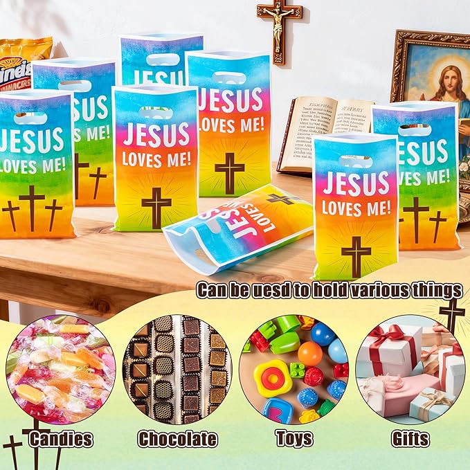 Jesus Loves Me Party Favor Bag - 50Pcs Rainbow Religious Christian Goodie Candy Treat Gift Bags Christian Cross Party Supplies for Valentine's Day Sunday School VBS Church Bible Verse Easter Birthday
