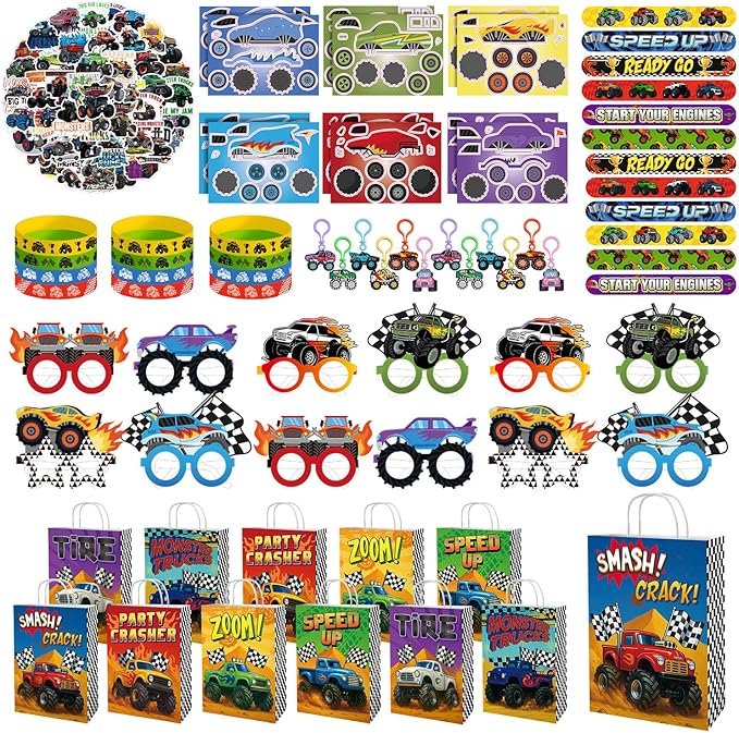 122 Pcs Monster Truck Party Favors, Truck Birthday Party Supplies Include Goodie Bags, Bracelets, Keychains, Stickers, Paper Glasses, Off-Road Racing Theme Pinata Fillers Classroom Rewards