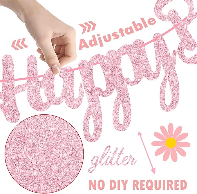 Chicken Themed Birthday Party Supplies Daisy Chicken Happy Birthday Banner Pink Glitter Floral Little Chick Party Decoration Hen Themed Cutout Banners for Girls Farm Animal Bday Baby Shower Supplies