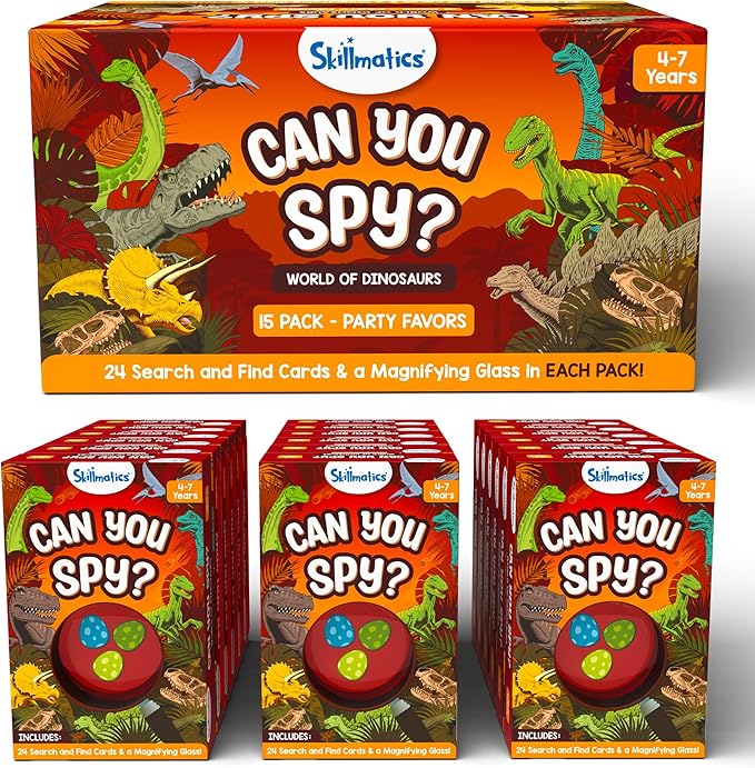 Skillmatics Party Favors (Pack of 15) - Can You Spy Dinosaurs Cards Set, Goodie Bag, Play Search & Find Educational Games, Gifts for Girls, Boys, Friends Ages 4, 5, 6, 7