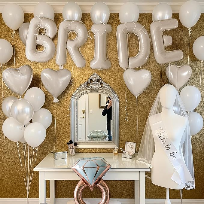 Cream White Bridal Shower party decorations with huge 40 Inch BRIDE letter Pearl Balloons BRIDE to be Sash Bridal Veil and Diamond Ring Heart shape Balloons For Bachelorette party Wedding supplies