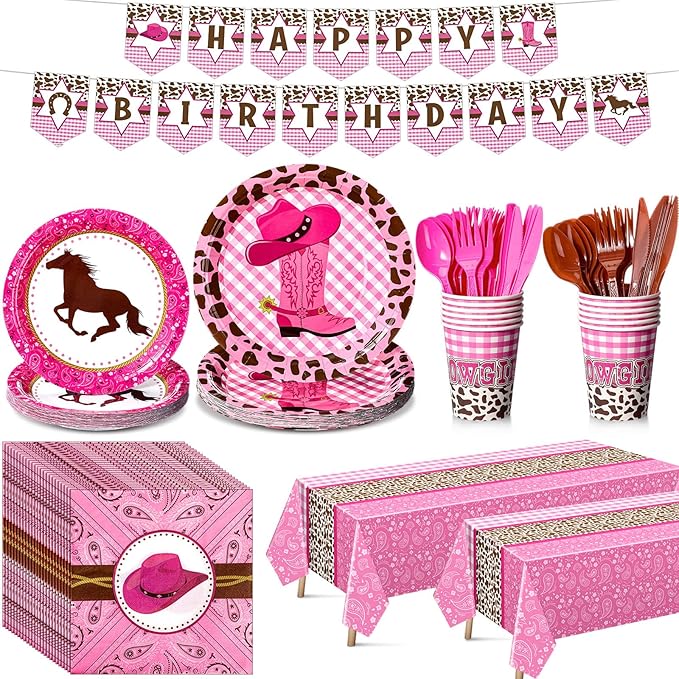 Gejoy 171 Pcs Western Cowgirl Birthday Party Tableware Supplies for 24 Guests Cowgirl Plates Napkins Birthday Banners Tablecloths Cups Knives Forks and Spoons for Party Decoration