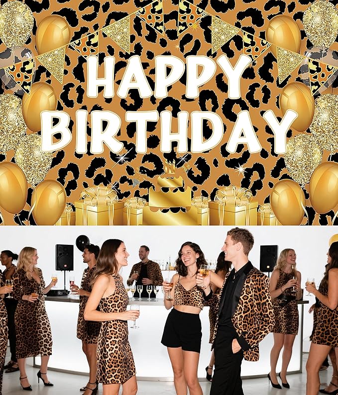 Leopard Print Happy Birthday Backdrop Decorations Cheetah Print Banner Leopard Photo Background for Home Indoor Outdoor Birthday Party Decorations Supplies 70.8 x 47.2 Inch