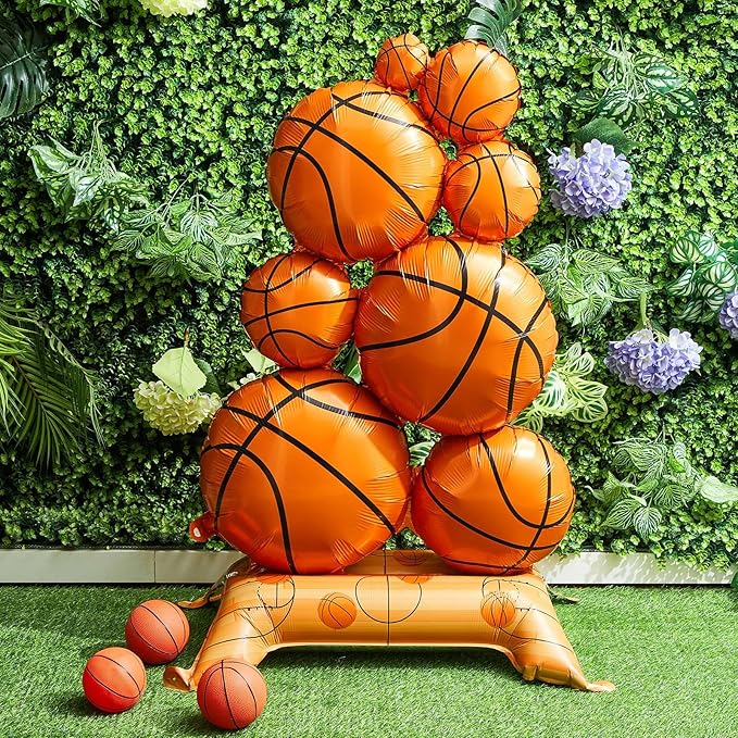 Soulchen 2 Pack Giant Self Standing Basketball Foil Balloons 3.5 ft with Field Base for Birthday Themed Party Decoration Sports Supplies Decor (Basketball Pile)