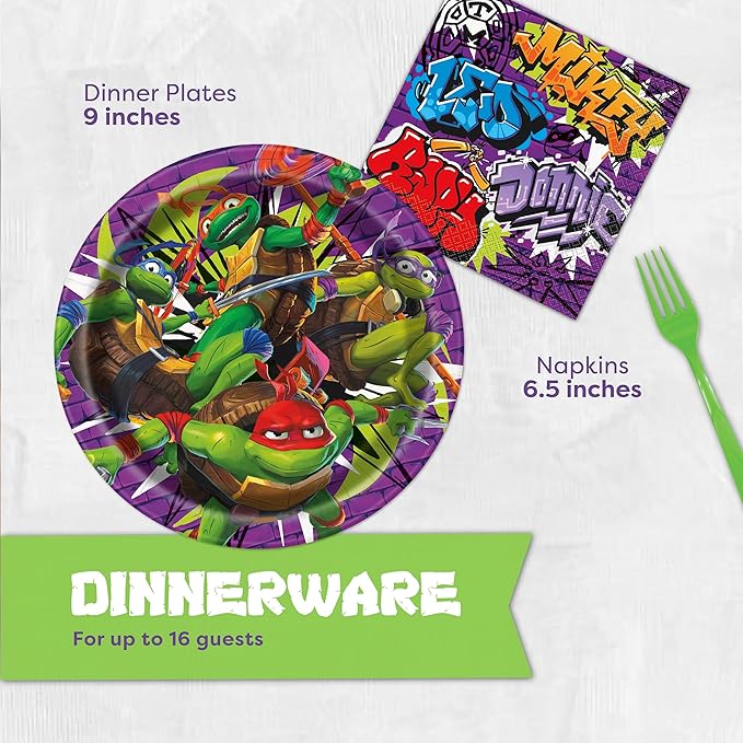 Teenage Mutant Ninja Turtle Birthday Party Supplies | Serves 16 Guests | Officially Licensed | TMNT Mutant Mayhem Movie | Balloon Decorations, Plates, Napkins, Tablecloth, Forks, Button