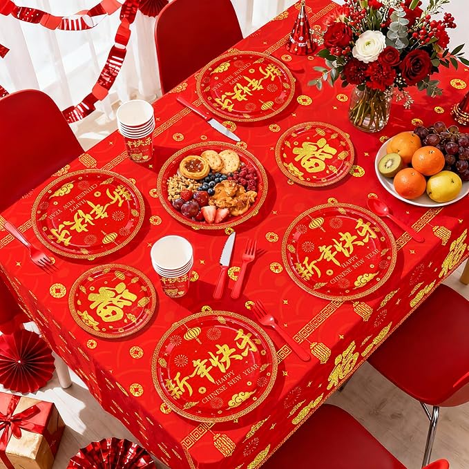 170Pcs Chinese New Year Party Supplies Spring Festival Plates and Napkins Cups, Forks, Tablecloth Red Gold Festival Tableware Set for Lunar New Year 2026 Party Decoration Serves 24