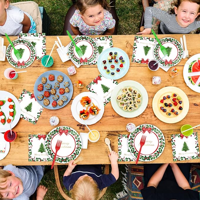 gisgfim 96 Pcs Christmas Paper Plates Napkins Party Supplies Holly Leaf Party Tableware Decorations Favors for Merry Christmas Birthday Serves 24