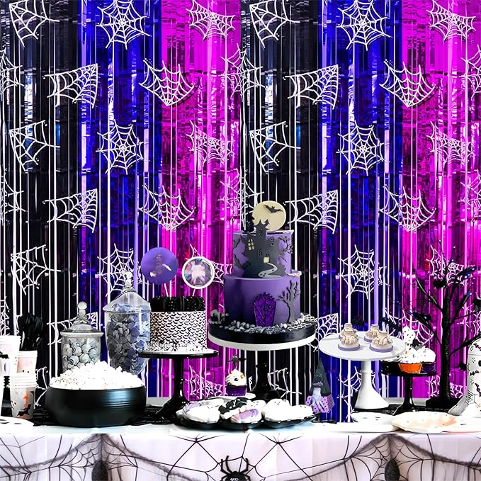 Wednesday Birthday Party Supplies, 2 Pack Wednesday Party Decorations 3.3x6.6ft Black Purple and Pink Tinsel Foil Fringe Curtains, Gothic Photo Booth Prop Backdrop Streamer for Girl in Dark