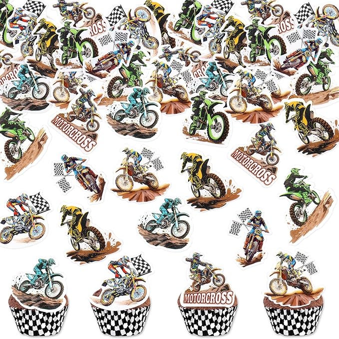40pcs Edible Motorcycle Cupcake Toppers Motocross Dirt Bike Party Cupcake Toppers, Motorcycle Sport Theme Birthday Motocross Cake Decor