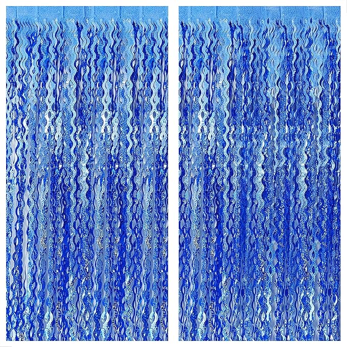 KatchOn, Metallic Wavy Blue Backdrop Curtain - Pack of 2 | Royal Blue Party Decorations | Blue Foil Fringe Streamers for Birthday Decoration | Under The Sea Party Decorations, Ocean Themed Décor