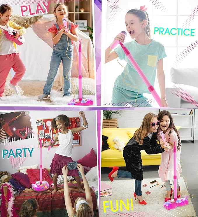 Mozlly Super Star Kids Karaoke Machine with Microphone Stand Playset - Pink Microphone with Stand with Built-in Jack and Speaker for MP3 Player, Singing Toys for Girls and Boys with Music and Light