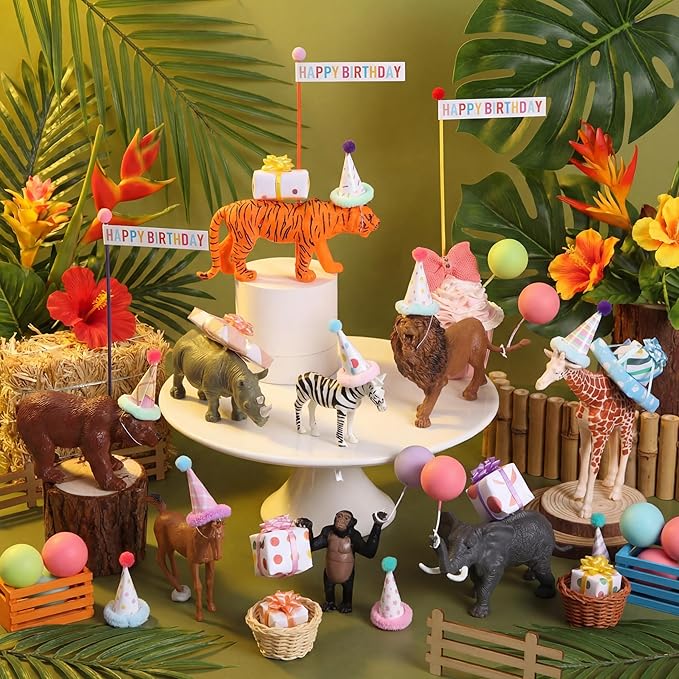 Weysat 37 Pcs Jungle Animal Birthday Party Decorations, Safari Animal Cake Toppers with Mini Hats Miniature Flags Gift Boxes Balls Figure Models for Wild Animals Birthday Party Supplies for Adults