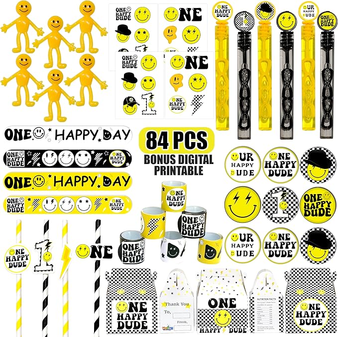 84 Pcs One Happy Dude Birthday Party Favor, 12 Set of Smile Face Theme Gift Box Straw Bubble Stickers Smile Badge Pin for First Birthday Party Supply