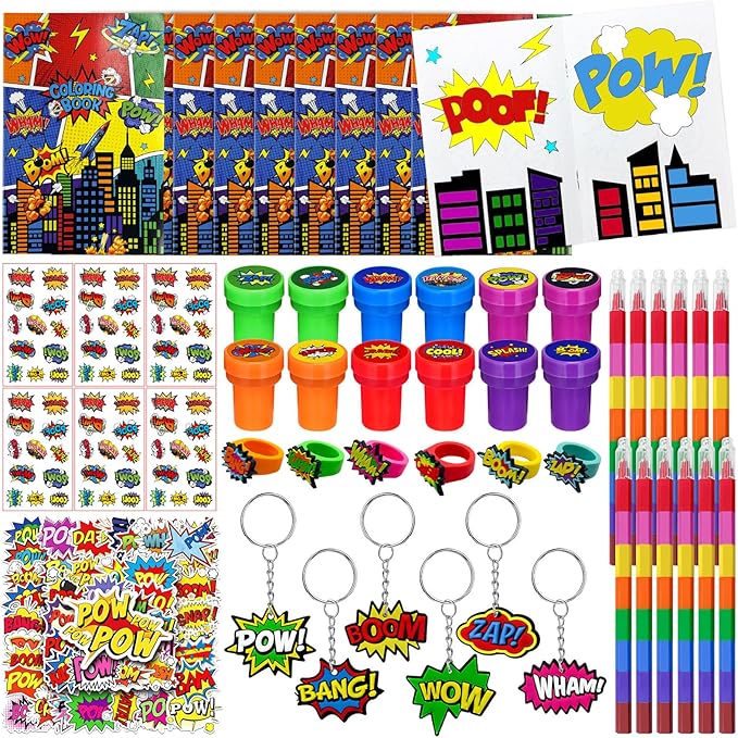 Cinrobiye 72 Pcs Hero Party Favors, Hero Coloring Books, Stickers, Tattoos, Stampers, Keychains, Rings, Rainbow Pencils, Comic Birthday Party Supplies, Goodie Bag Fillers, Prize Bulk Set