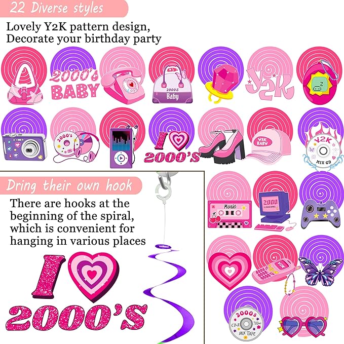 20pcs Y2K Party Hanging Swirls 2000s Pink Birthday Party Decorations for Girls I Love 00‘s Theme Ceiling Swirl Streamers for Hot Girl Bday Retro 2000s Female Bachelorette Party Supplies