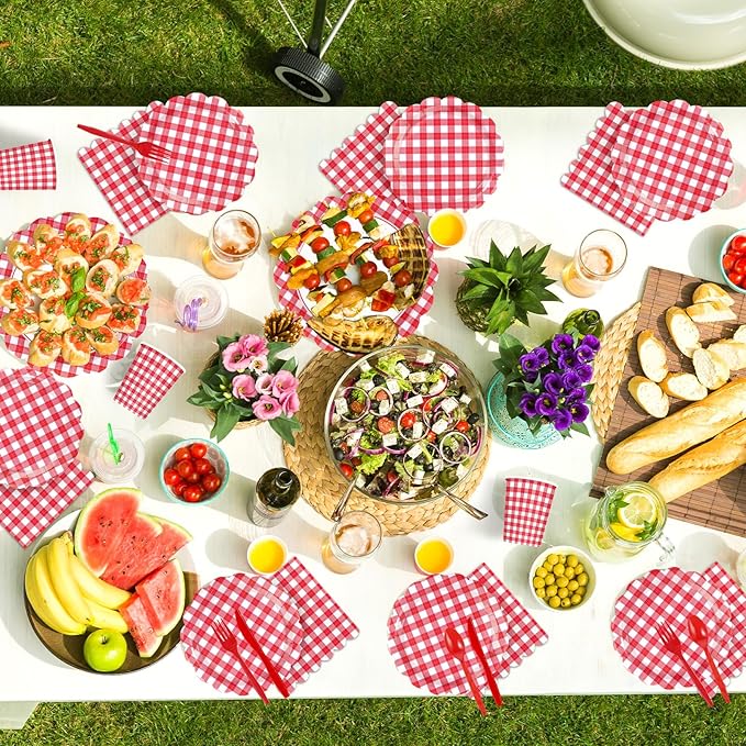 168 Pcs Red and White Gingham Party Supplies Red and White Plaid Checkered Scalloped Party Plates and Cups and Napkins Sets for Wedding, Bridal&Baby Shower, Birthday, Picnic Party Supplies Serves 24