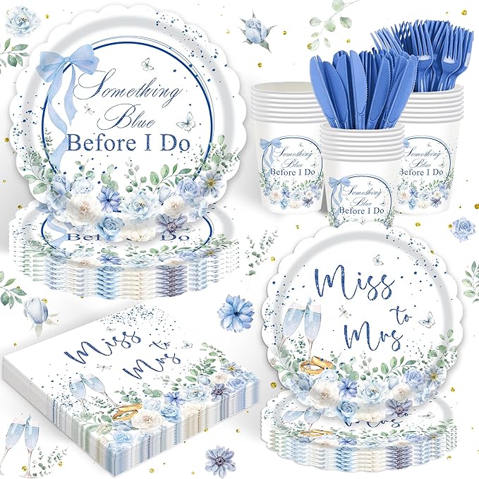 120PCS Something Blue Before I Do Decorations for Wedding Blue Floral Bridal Shower Party Supplies Bachelorette Tableware Set Miss to Mrs Plates Napkins Cups Forks Knives for 20 Guests