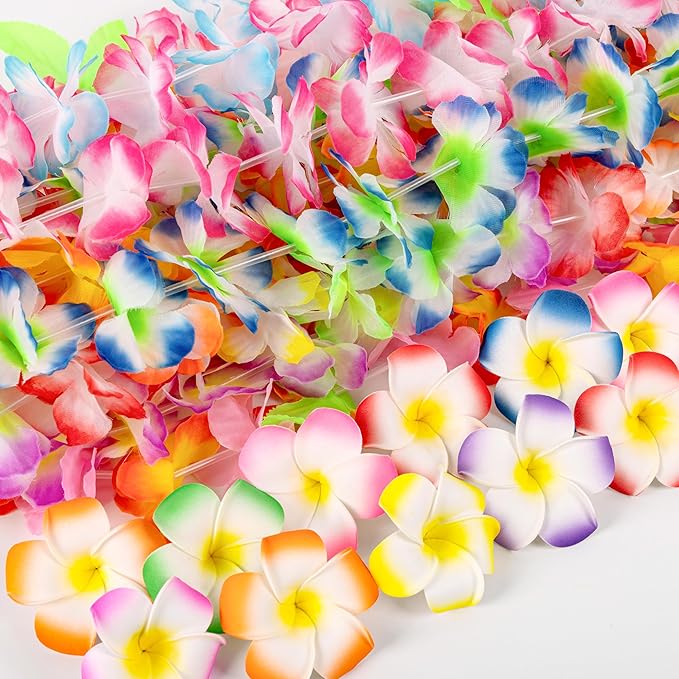 80PCS Hawaiian Luau Leis Party Photo Booth Props Decorations Supplies Set for Adults: Tropical Tiki Flowers Necklaces + Paper Glasses + Bracelets + Hair Clips Bulk Summer Pool Birthday Decor Favors