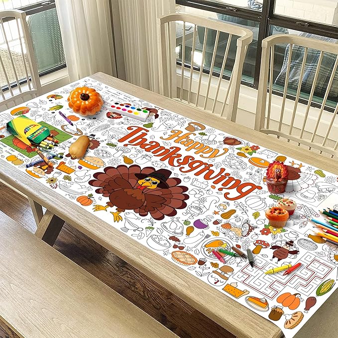 Thanksgiving Coloring Tablecloth for Kids, Giant 30x72 Inch Poster with Turkeys, Pumpkins, Harvest Symbols, Perfect for Party Games, Classroom Activities, Arts Crafts, Indoor Holiday Decor