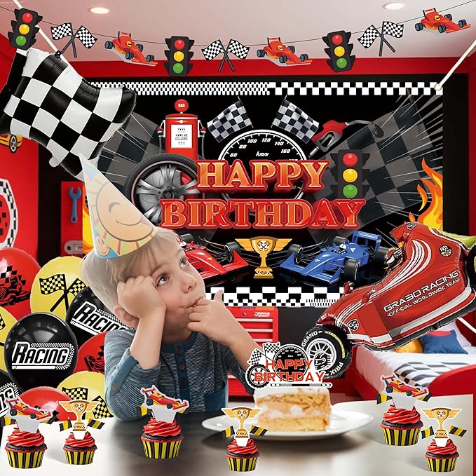 Happy Birthday Decorations For Women Men,Birthday Backdrop,Banner Balloons,Table Cloth,Paper pom poms Party Supplies for Girls Boys (Race car)