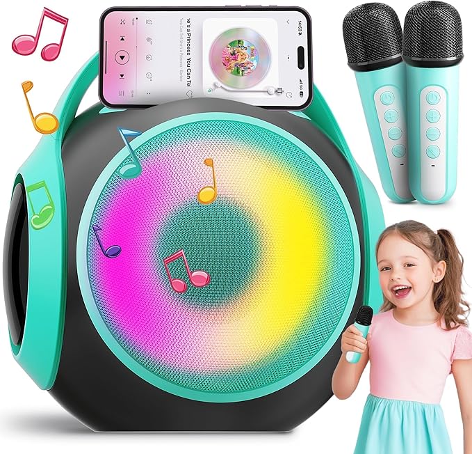All Rounder Karaoke Machine for Kids Teens, Portable Bluetooth Karaoke Speaker with Two Mics, Voice Changer, Light Effect, Bass Tremolo, Gifts Toys for Girl, Supports USB/TF/AUX for Home Party (Green)