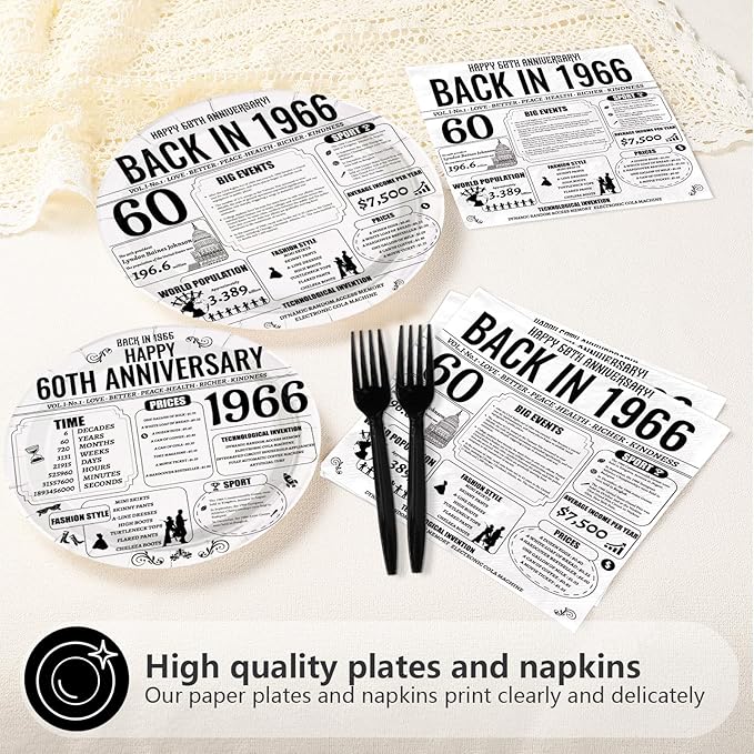 96Pcs 60th Anniversary Party Decor Vintage Back in 1966 Plates and Napkins Black White 60th Disposable Paper Tableware Set for Men Women Wedding Anniversary Birthday Party Supplies Serves 24