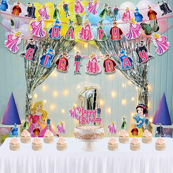 Sleepin Beauty Theme - Party Decorations, Princess Inspired Birthday Decor for Girls, Fairy Tale Castle Party Supplies, Pink Royal Birthday Banner, Cake Topper & Cupcake Decoration Set