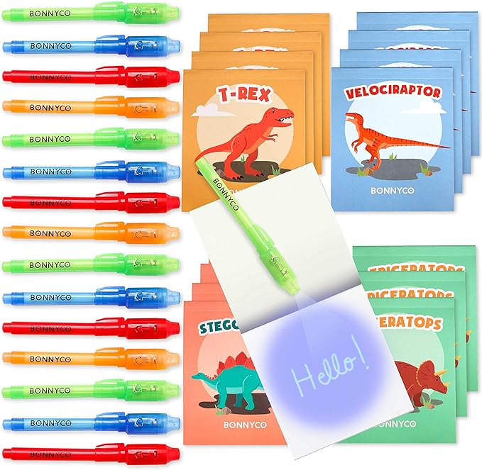 BONNYCO Invisible Ink Pen and Notebook Pack 16, Dinosaur Party Favors for Kids. Magic Spy Pen Goodie Bags Stuffers for Kids, Dinosaur Birthday Party Supplies. Goody Bag Stuffers, Return Gifts Prizes