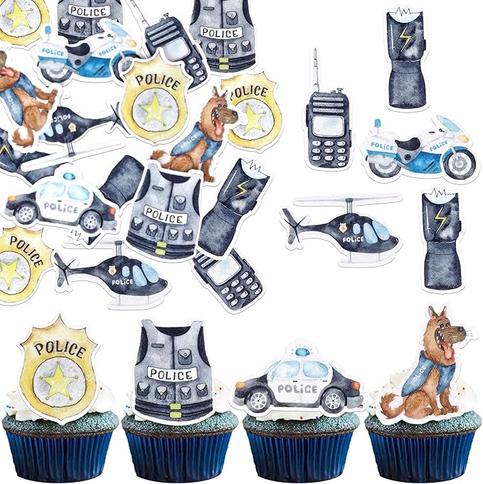 64 Pack Edible Police Cupcake Toppers Wafer Paper Selection Helicopter Car Dog Badge Uniform Gun Cupcake Picks for Police Themed Birthday Party Cake Decoration Supplies