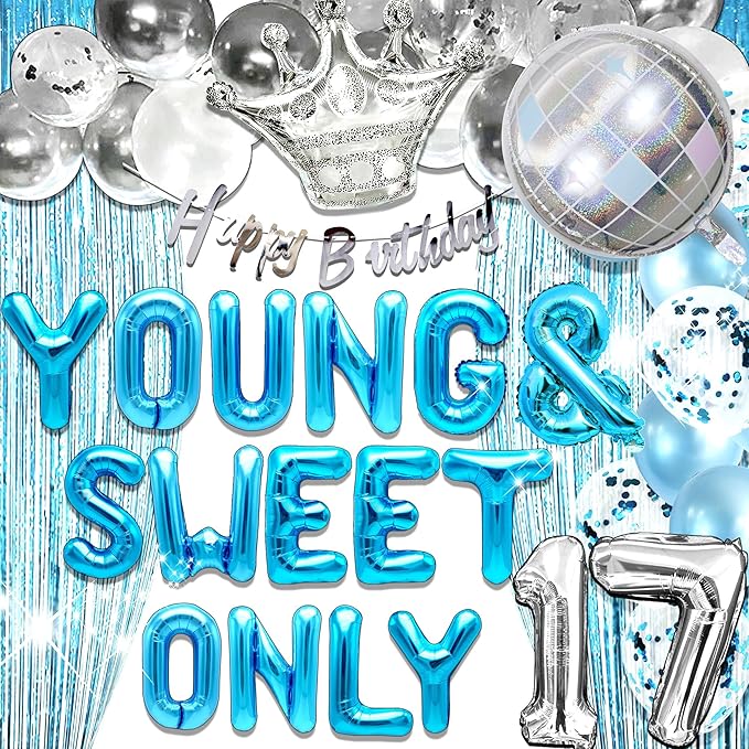Silver Blue Young and Sweet Only 17 Birthday Decoration Young and Sweet Only 17 Banner Dancing Queen 17 Decoration Disco Balloons Rose Gold Birthday Banner Crown Queen Balloons