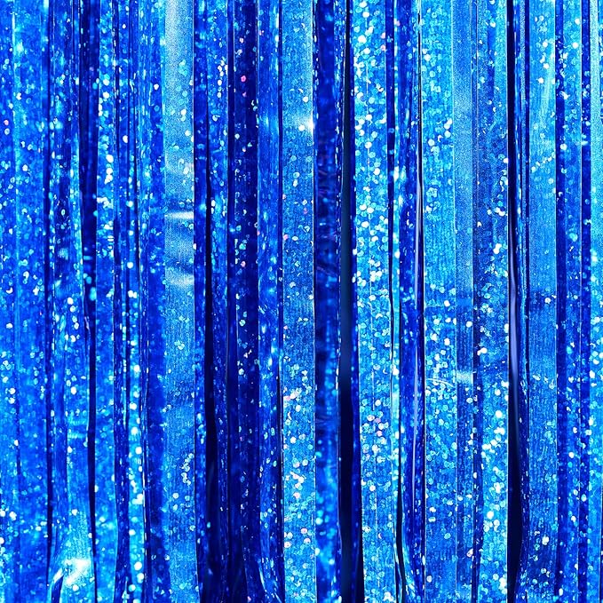 PartyWoo 2 pcs Royal Blue Foil Fringe Curtain, Metallic Foil Tinsel Fringe Backdrop Door Fringe for Birthday Wedding Party Photo Backdrop, Blue Streamers Party Decorations