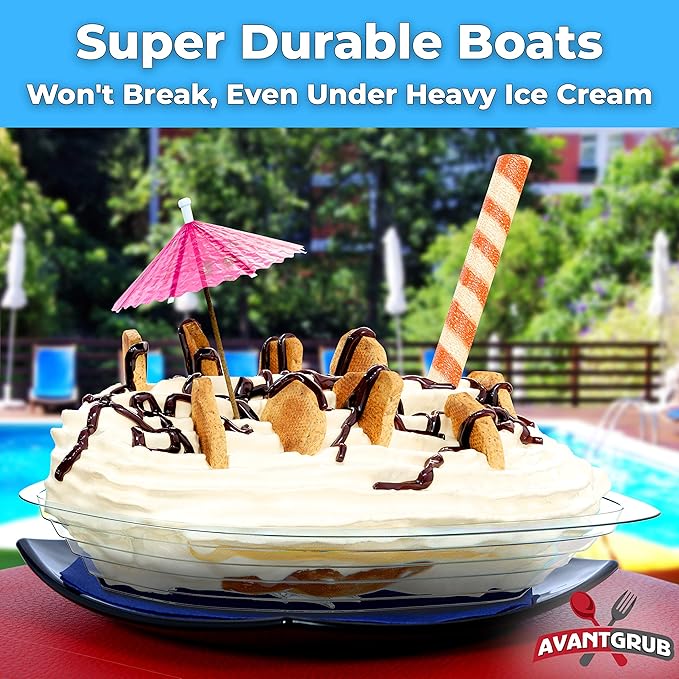 Super Fun Recyclable 8oz Banana Split Boats 250 Pack. Durable, Disposable Ice Cream Sundae Bowls. Perfect Plastic Cups for Social Event or Kids Birthday Party. Great Clear Dessert Tray for Carnivals.