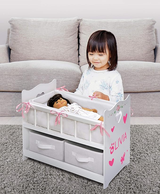 Badger Basket Wooden Doll Bed with Bed Liner, Pillows and Two Storage Baskets - Fits 18" Dolls - Ideal for Pretend Play and Baby Doll Fun - White/Rose Design with Free Personalization Kit