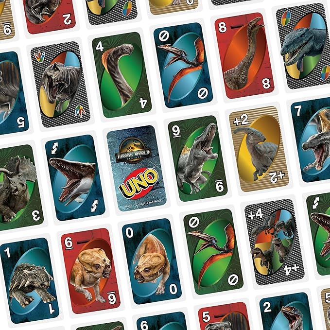 Mattel Games UNO Jurassic World Rebirth Card Game in a Collectible Tin for Kids, Adults & Family with Special Rule & Images Inspired by The Movie