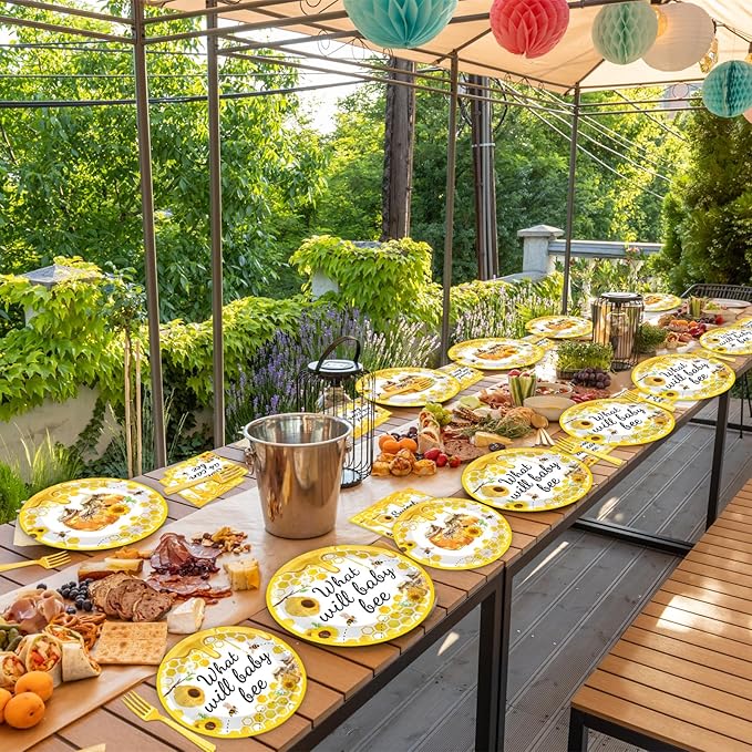gisgfim 96Pcs Bee Party Supplies Bee Baby Shower Paper Plates and Napkins What Will Baby Bee Gender Reveal Party Dinnerware Set Honey Bumble Birthday Party Tableware Decorations Favors Serve 24