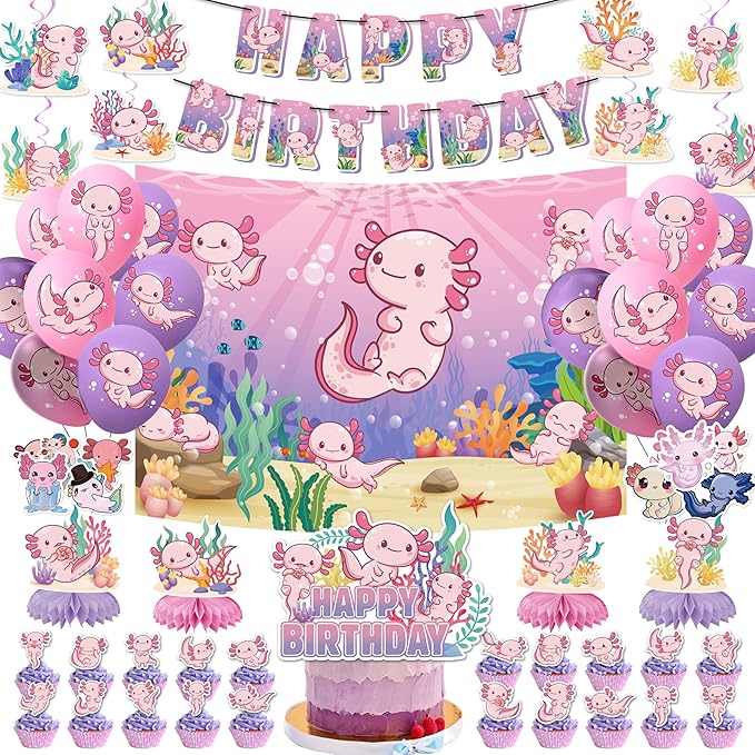 Cute axolotl Themed Birthday Party Decorations Supplies Set — Banner Hanging Spirals Backdrop Honeycombs Cupcake Toppers Stickers — Pink & Aqua Party Supplies