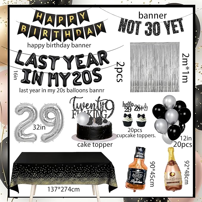 Last Year In my 20S Birthday Party Supplies for Men 29th Birthday Decorations include Balloon Banner Not 30 Yet Glitter Banner Cake Topper Cupcake Toppers Tablecloths(black and gold)