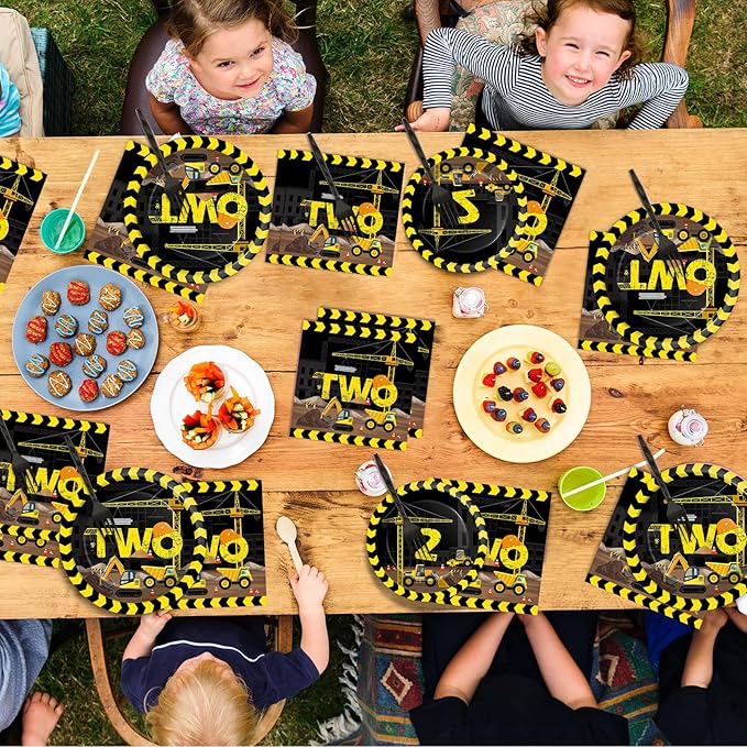 50 Guests Construction Birthday Plates and Napkins Forks Party Supplies Construction Truck Two Party Decorations Disposable Tableware Set Dinnerware Paper for Two Year Old Baby 2nd Birthday, 200PCS