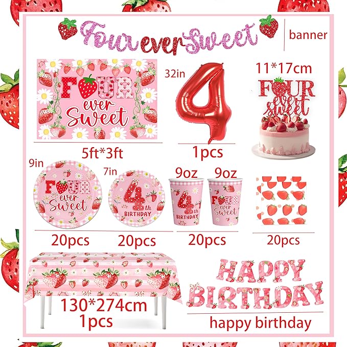 Strawberry 4th Birthday Decorations, 4th Birthday Party Decorations,Four Ever Sweet Party Supplies for include Tableware Set Plates and Napkins Balloon Backdrop Tablecloth Serve 20