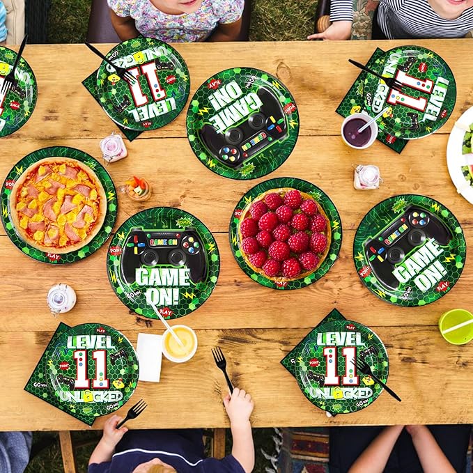 96Pcs 11th Birthday Video Game Party Supplies Green Video Game Paper Plates and Napkins Tableware Sets Gaming 11 Years old Birthday Decorations for Kids Boys 11th Birthday Gamer Gaming Party Serve 24