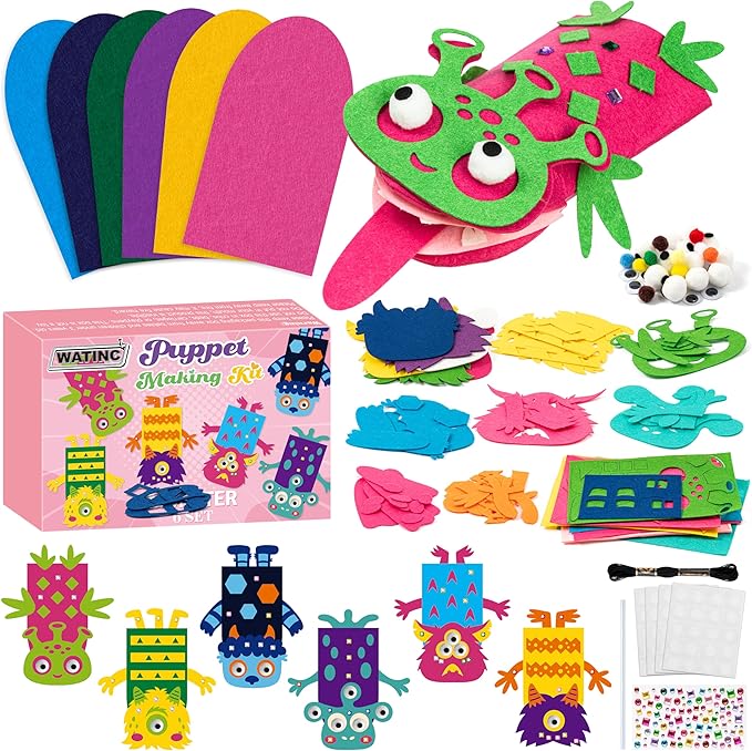 WATINC 6Pcs Hand Puppet Making Kit, Art Craft Felt Sock Puppet Toys, Creative DIY Make Your Own Pompoms Wiggle Googly Eyes Storytelling Role Play Party Supplies Gift for Girls Boys(Monster B)