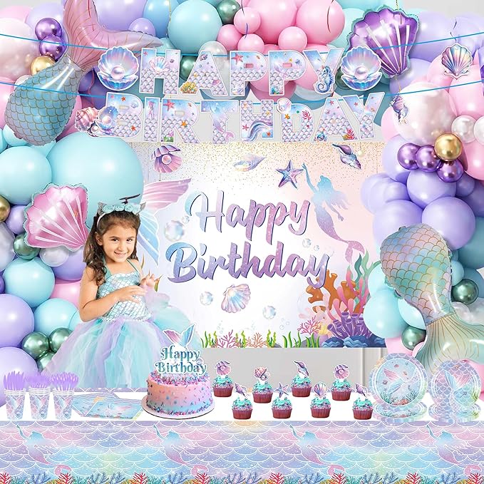 Mermaid Birthday Decorations, 213Pcs Mermaid Party Supplies Include Tablecloth, Plates, Napkins, Cups, Banner, Backdrop, Balloons, Hanging Swirls, Cake & Cupcake Toppers for Girls Birthday Party