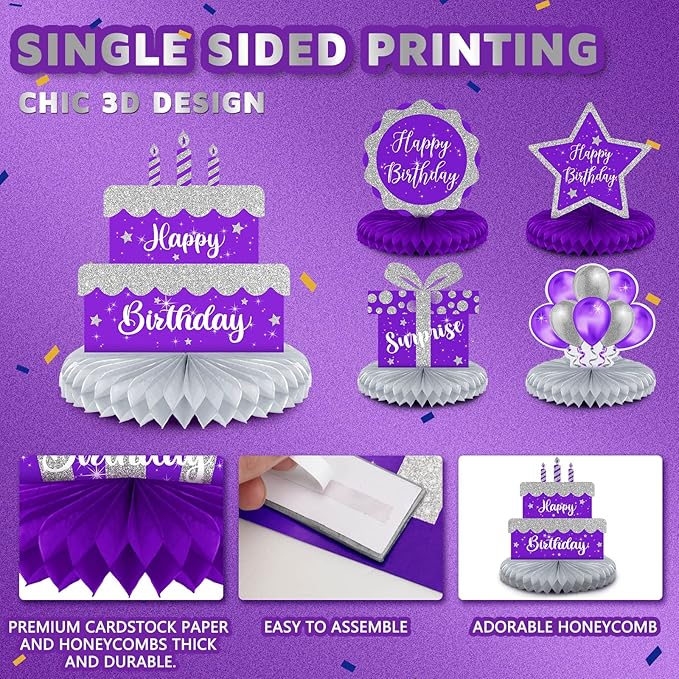 Yexiya 8 Pcs Purple and Silver Birthday Centerpiece Table Decoration, Happy Birthday Honeycomb Centerpieces Honeycomb Table Toppers for Men Women Party Supplies