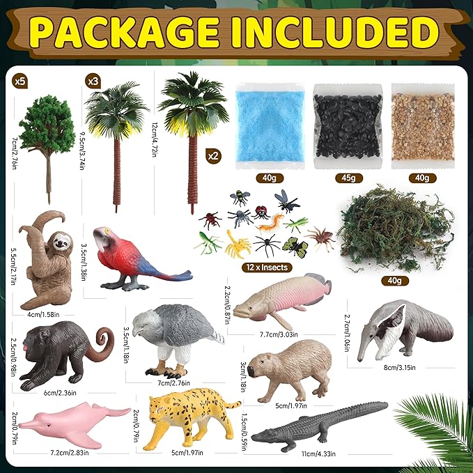 37PCS Rainforest Animals Figures Toys Set, Rainforest Diorama Supplies Include Jungle Animal Figurines,Trees, Moss, Sand, Stones for Kids Historical Education School Project Decoration Birthday