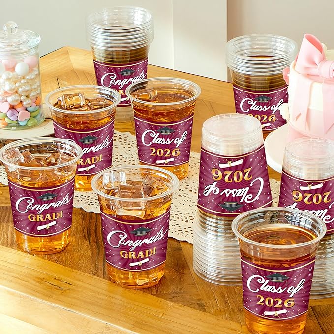 JOYIN 100 Pcs 16oz Graduation Party Plastic Cups (Maroon), Grad PET Cup Tableware Bulk for Class of 2026 Graduates, Disposable Cups for 2026 High School College Graduation School Grad Party Supplies