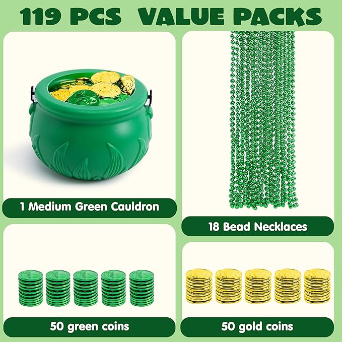 JOYIN 119 Pcs St. Patrick’s Party Supplies Set, 18 Bead Necklaces, 100 Plastic Coins and 1 Cauldron, St Patrick’s Day Party Favor Supply (Green Cauldron, Bead Necklace, Green and Gold Coins)