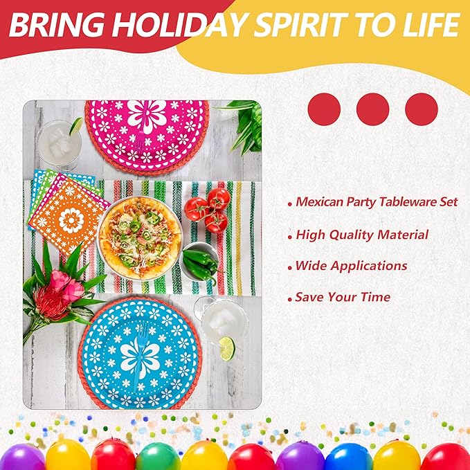 96 Pcs Mexican Fiesta Party Supplies Set, Serves 24 – Colorful Papel Picado Floral Paper Plates, Napkins, and Forks, Disposable Tableware for Cinco de Mayo, Birthday, and Fiesta Themed Decorations