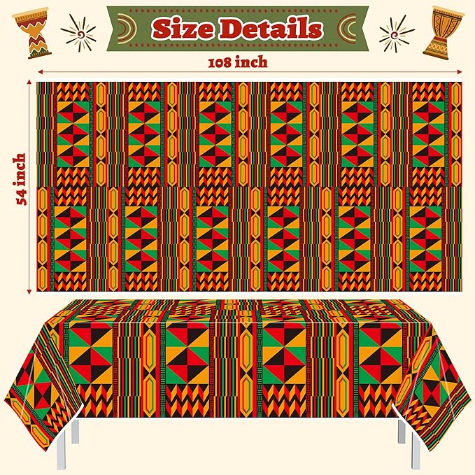 3 Packs Happy Kwanzaa Happy Juneteenth Tablecloth Decorations, African Disposable Waterproof Plastic Striped Checkered Table Covers, Afro Tablecloths for African-American Party Favor Supplies